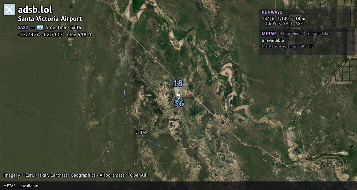 Satellite map with the runway layout of Santa Victoria Airport (SA22)
