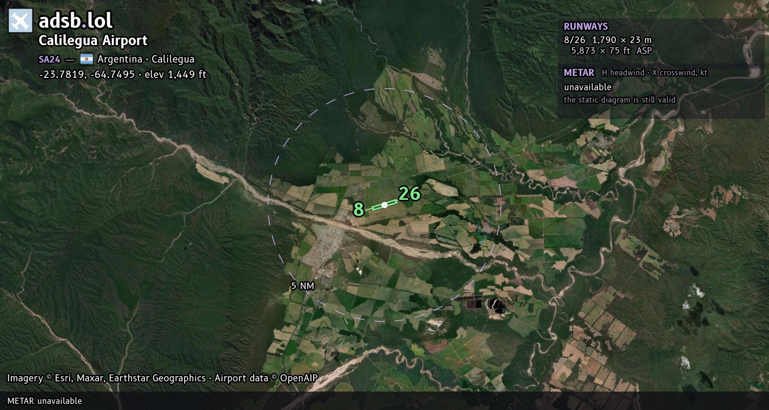 Satellite map with the runway layout of Calilegua Airport (SA24)