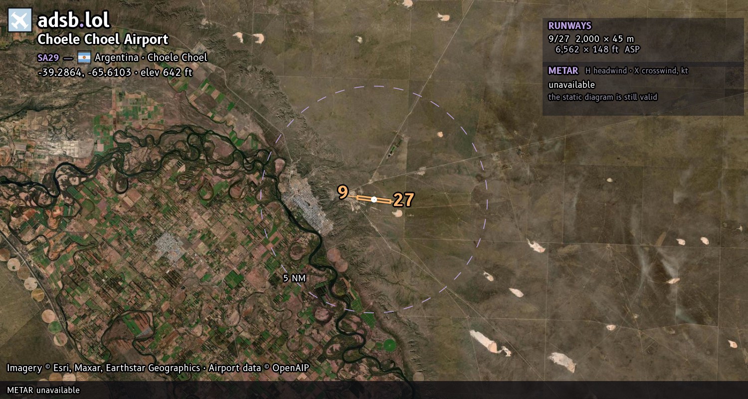 Satellite map with the runway layout of Choele Choel Airport (SA29)