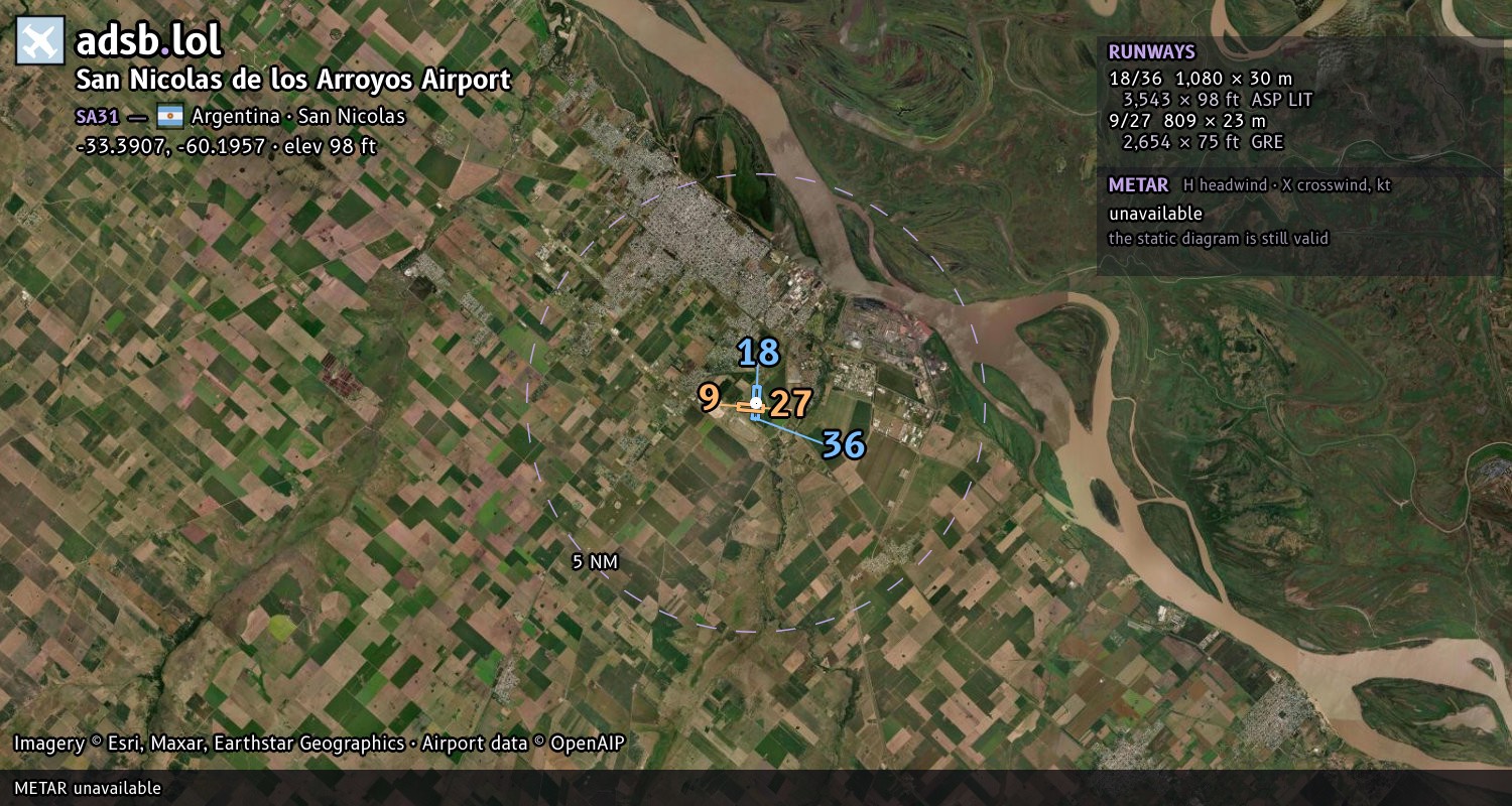 Satellite map with the runway layout of San Nicolas de los Arroyos Airport (SA31)