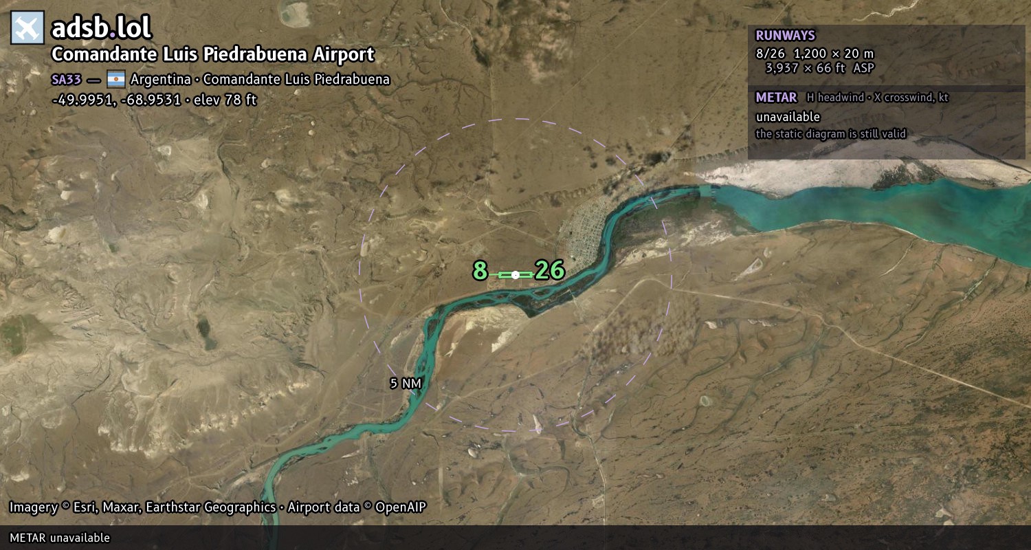 Satellite map with the runway layout of Comandante Luis Piedrabuena Airport (SA33)