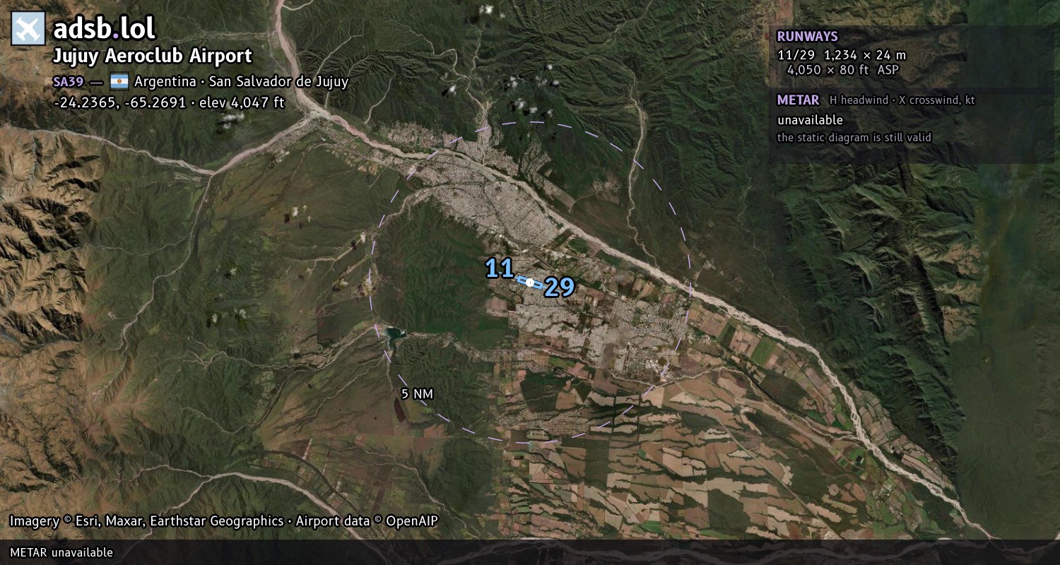 Satellite map with the runway layout of Jujuy Aeroclub Airport (SA39)