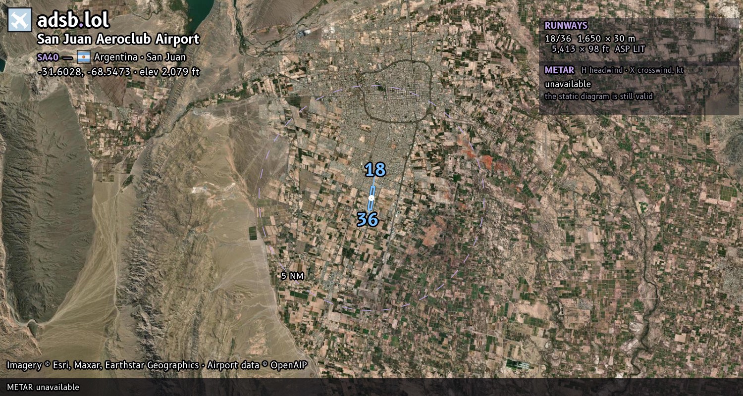 Satellite map with the runway layout of San Juan Aeroclub Airport (SA40)