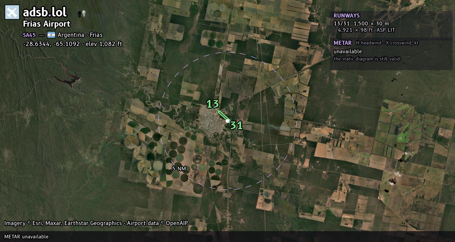 Satellite map with the runway layout of Frias Airport (SA45)
