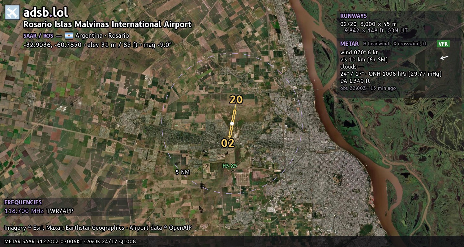 Satellite map with the runway layout of Rosario Islas Malvinas International Airport (SAAR)