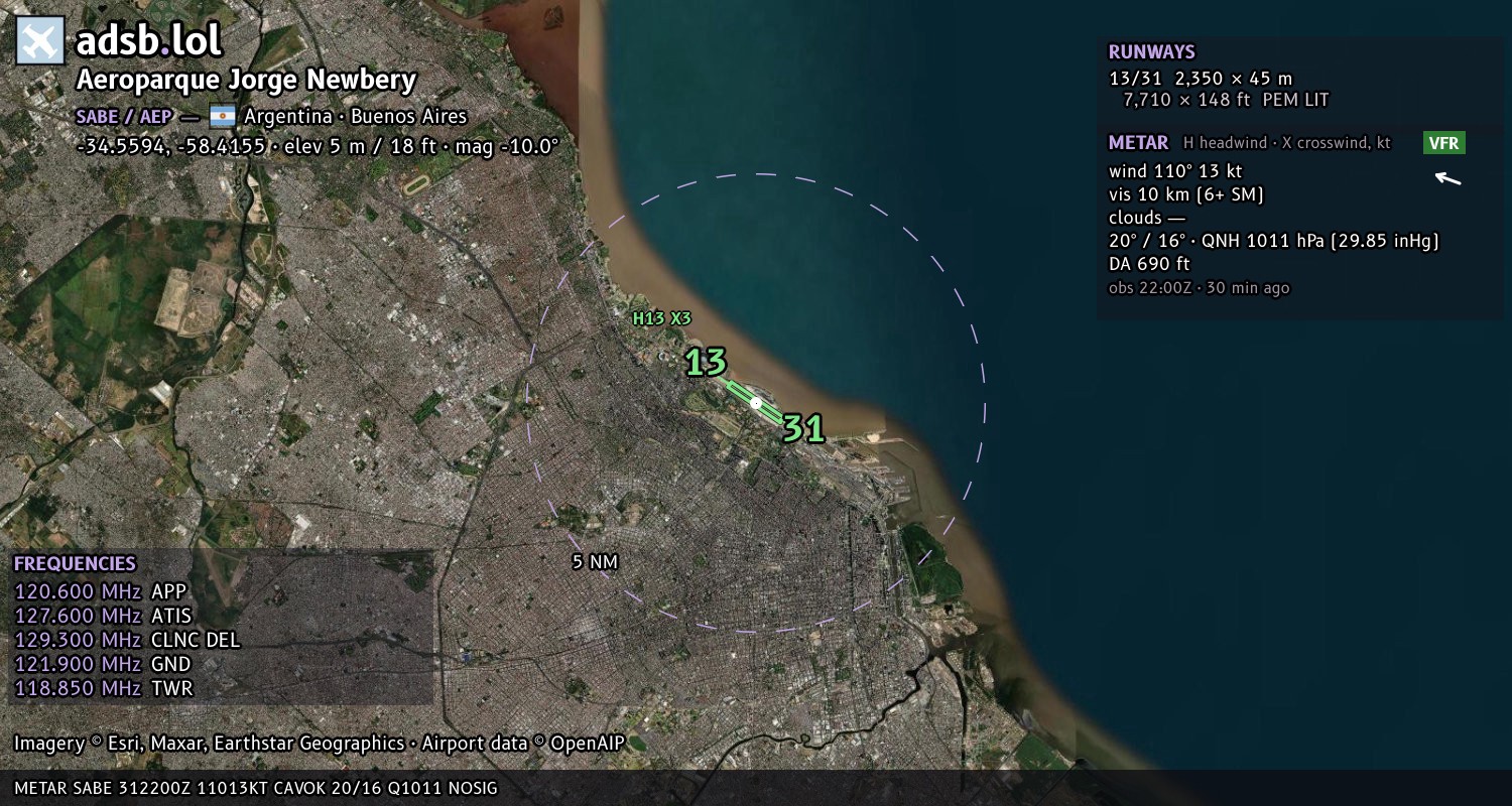 Satellite map with the runway layout of Aeroparque Jorge Newbery (SABE)