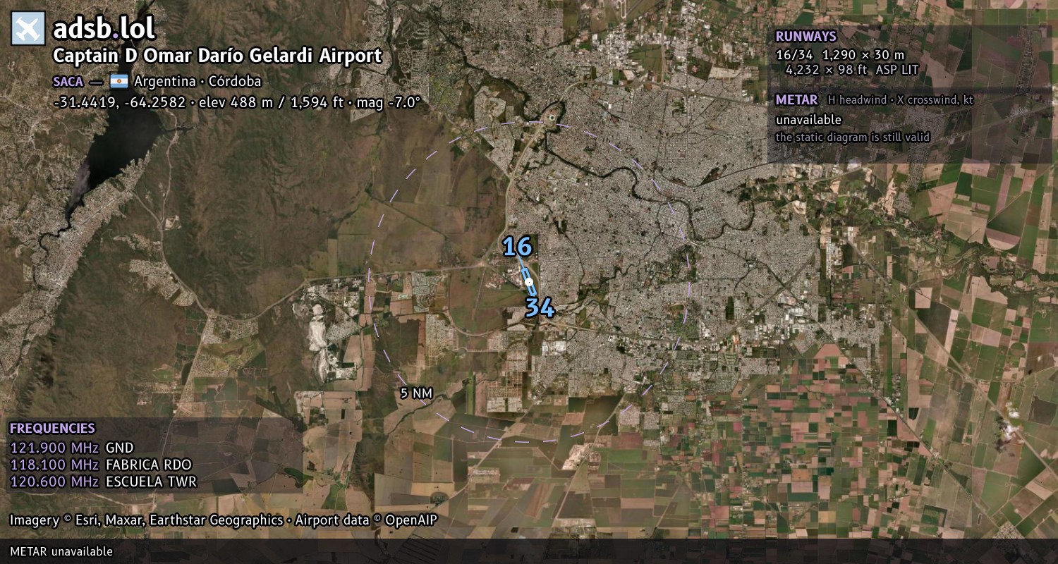 Satellite map with the runway layout of Captain D Omar Darío Gelardi Airport (SACA)