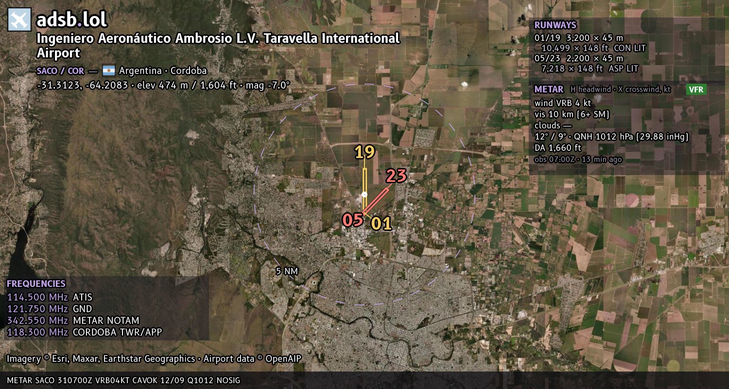 Satellite map with the runway layout of Ingeniero Aeronáutico Ambrosio L.V. Taravella International Airport (SACO)