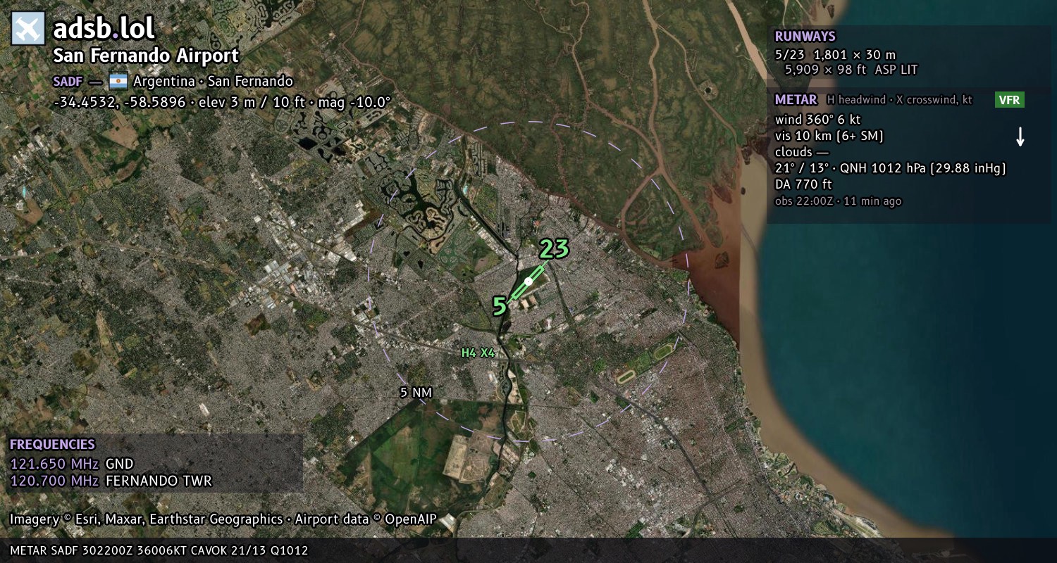Satellite map with the runway layout of San Fernando Airport (SADF)