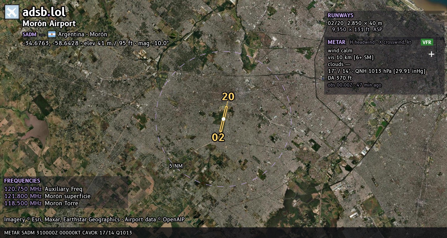 Satellite map with the runway layout of Morón Airport (SADM)