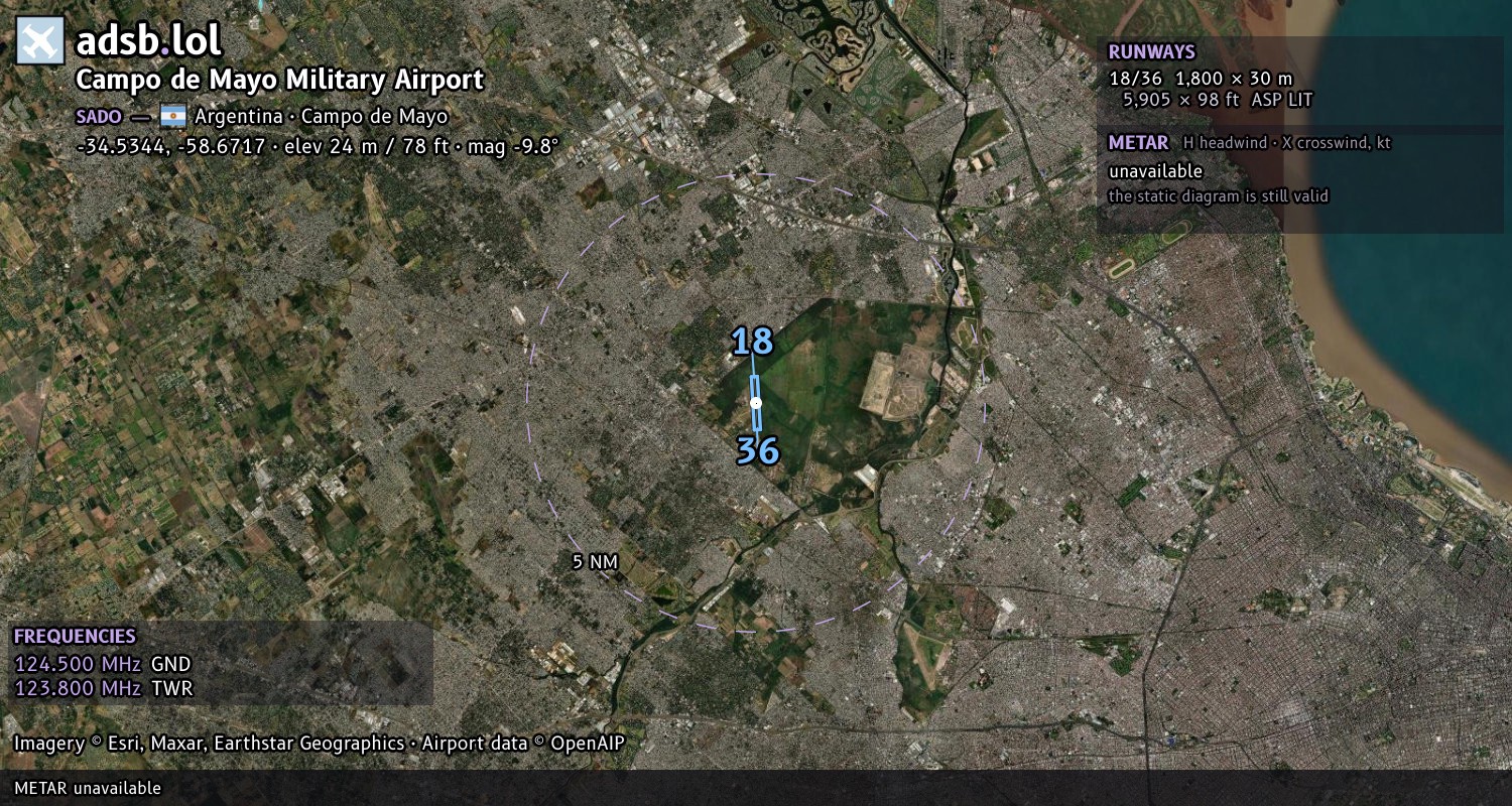 Satellite map with the runway layout of Campo de Mayo Military Airport (SADO)