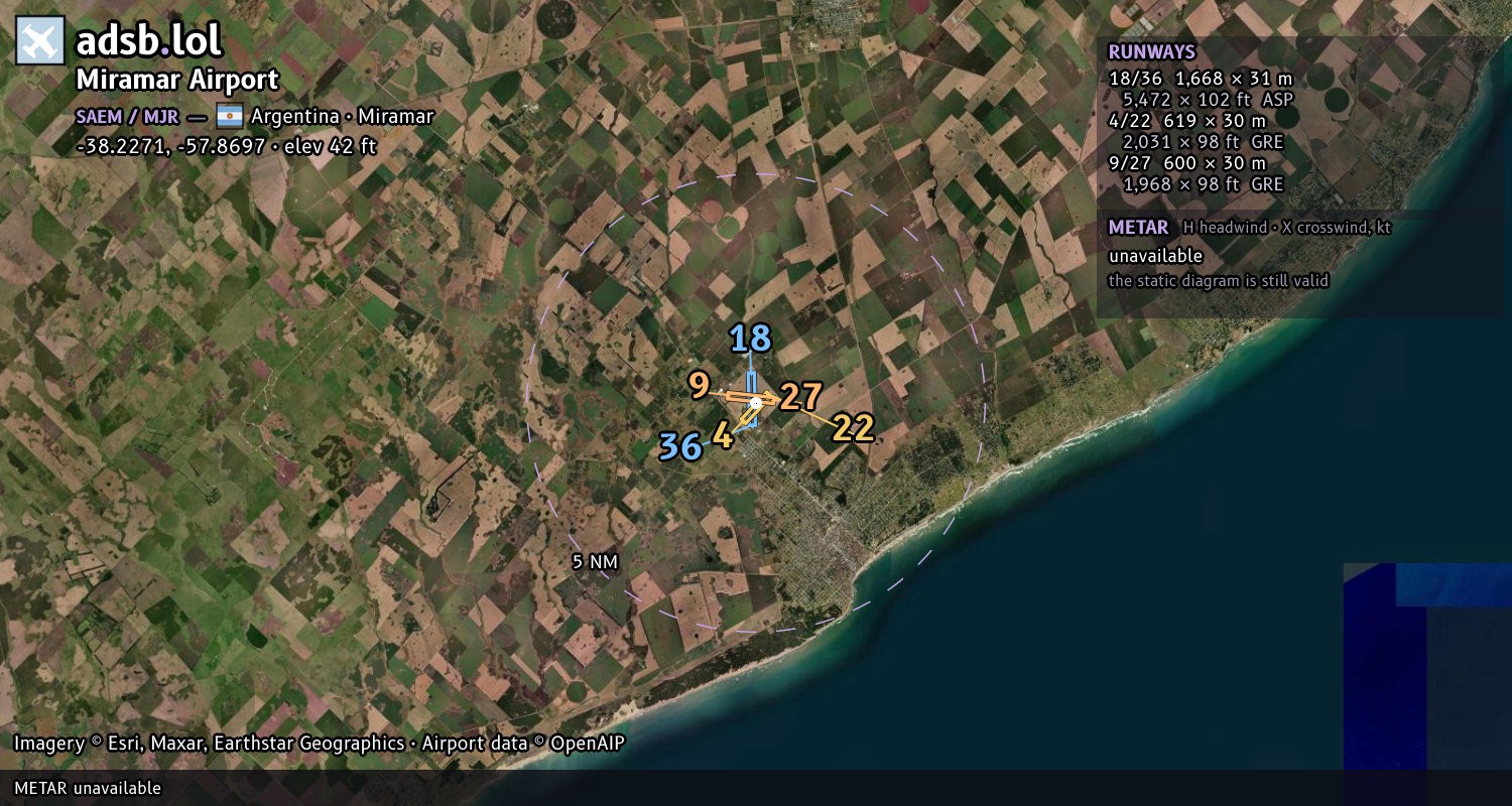 Satellite map with the runway layout of Miramar Airport (SAEM)