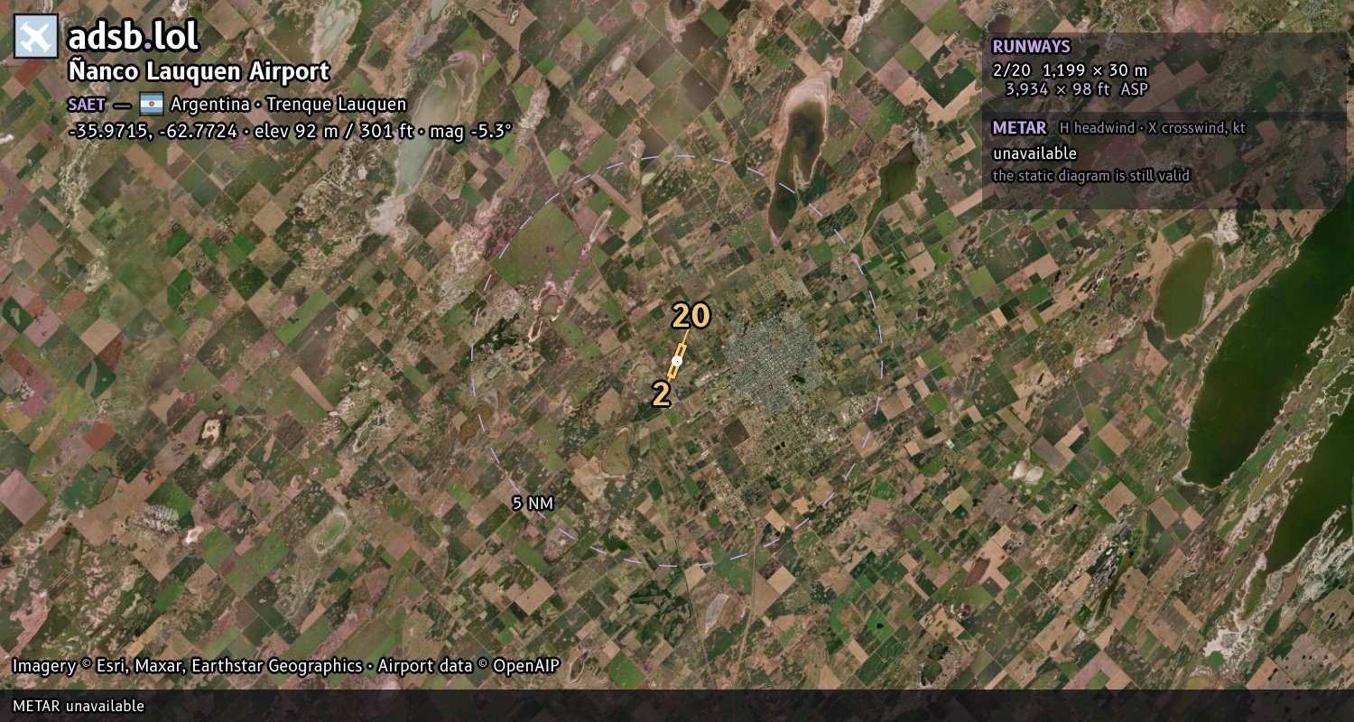 Satellite map with the runway layout of Ñanco Lauquen Airport (SAET)