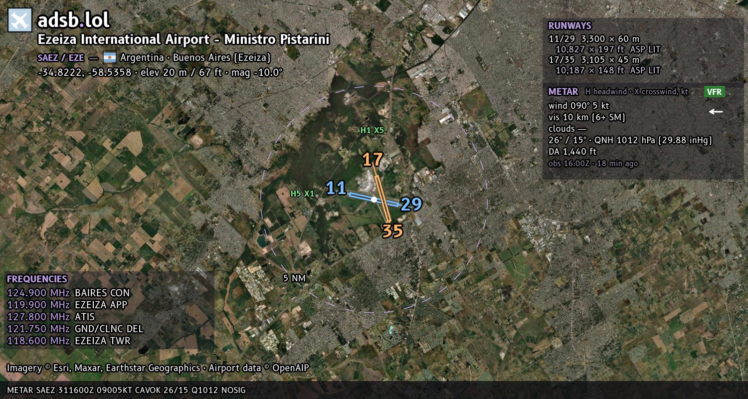 Satellite map with the runway layout of Ezeiza International Airport - Ministro Pistarini (SAEZ)