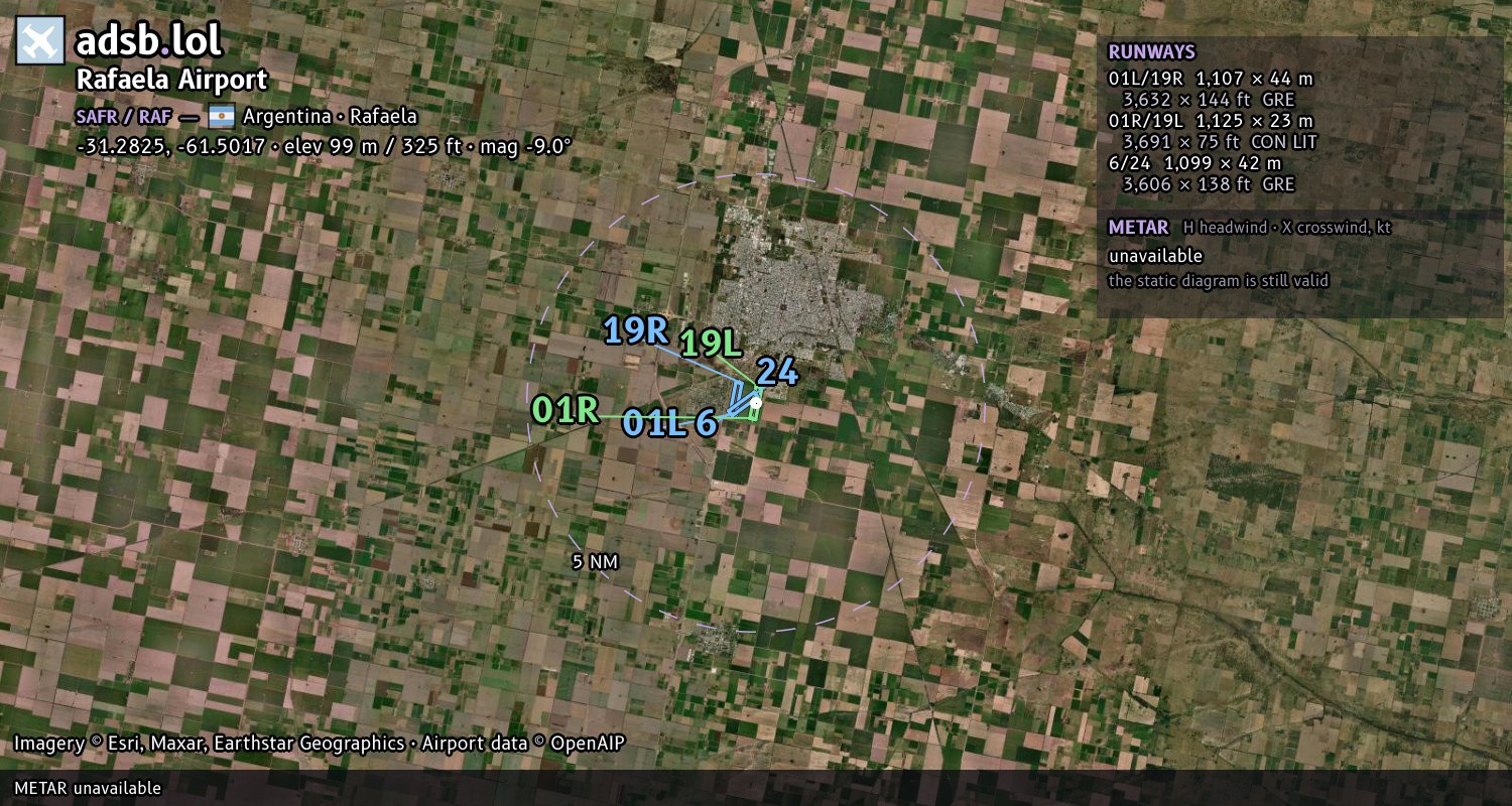 Satellite map with the runway layout of Rafaela Airport (SAFR)
