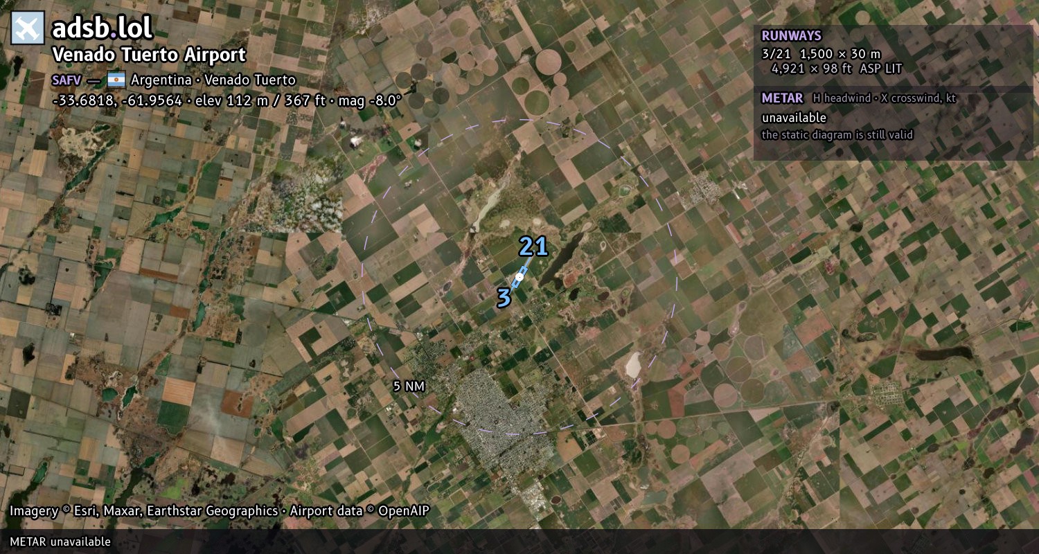 Satellite map with the runway layout of Venado Tuerto Airport (SAFV)