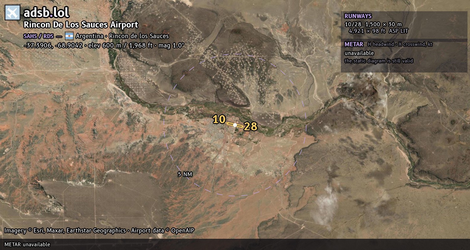 Satellite map with the runway layout of Rincon De Los Sauces Airport (SAHS)