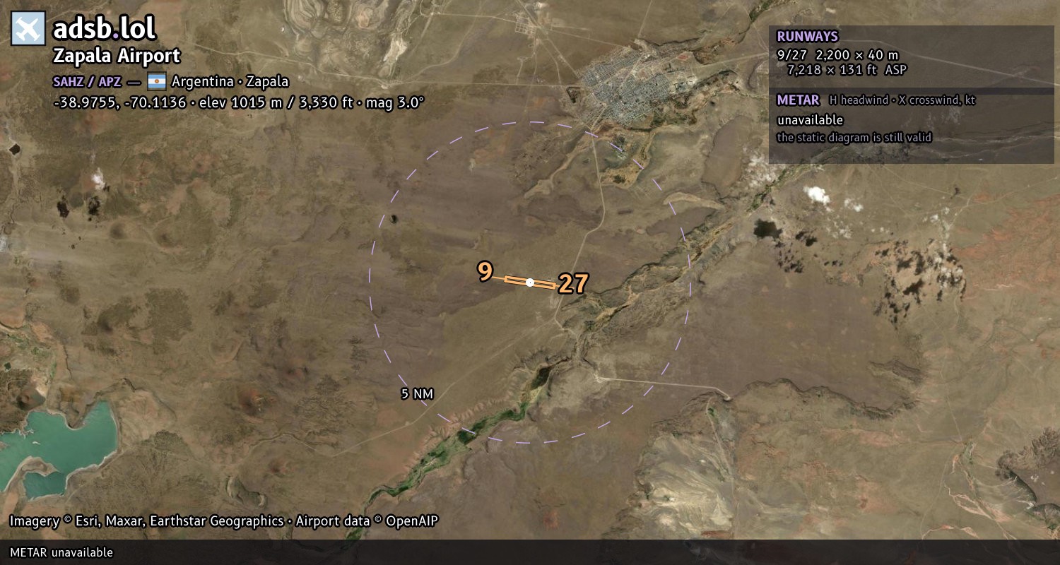 Satellite map with the runway layout of Zapala Airport (SAHZ)