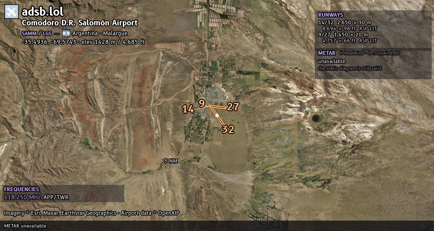 Satellite map with the runway layout of Comodoro D.R. Salomón Airport (SAMM)