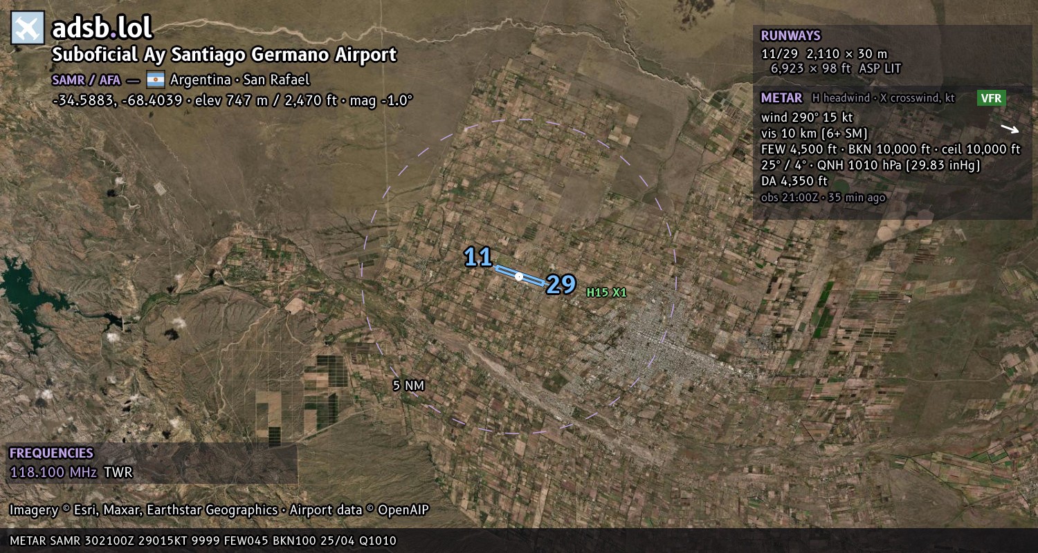Satellite map with the runway layout of Suboficial Ay Santiago Germano Airport (SAMR)