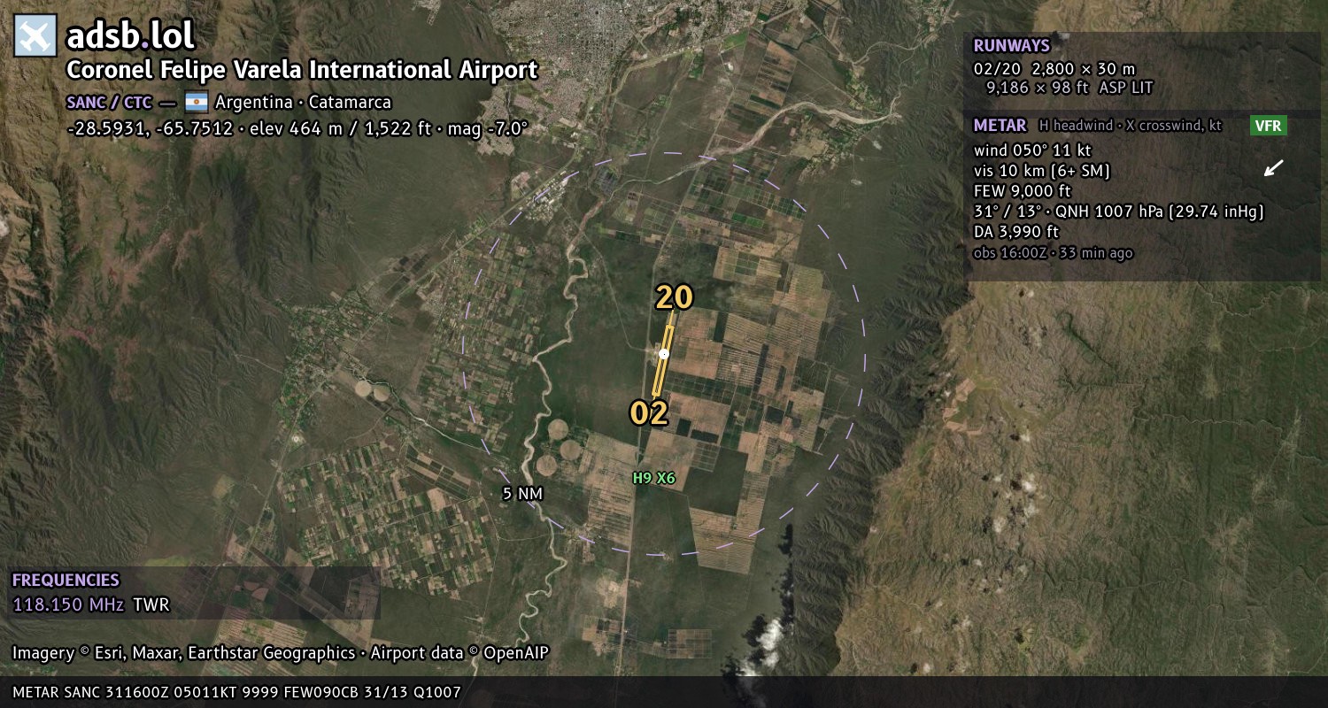 Satellite map with the runway layout of Coronel Felipe Varela International Airport (SANC)