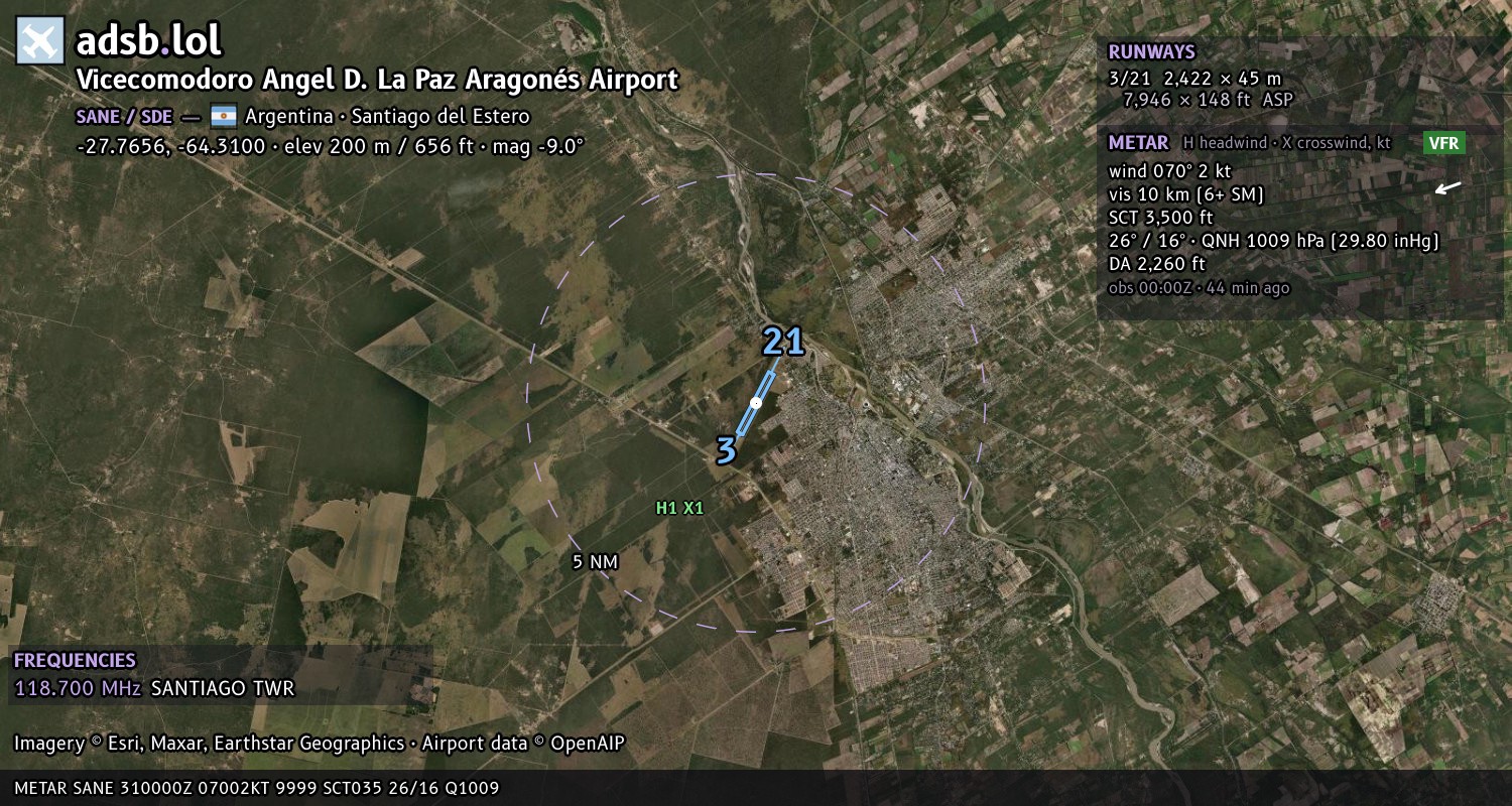 Satellite map with the runway layout of Vicecomodoro Angel D. La Paz Aragonés Airport (SANE)