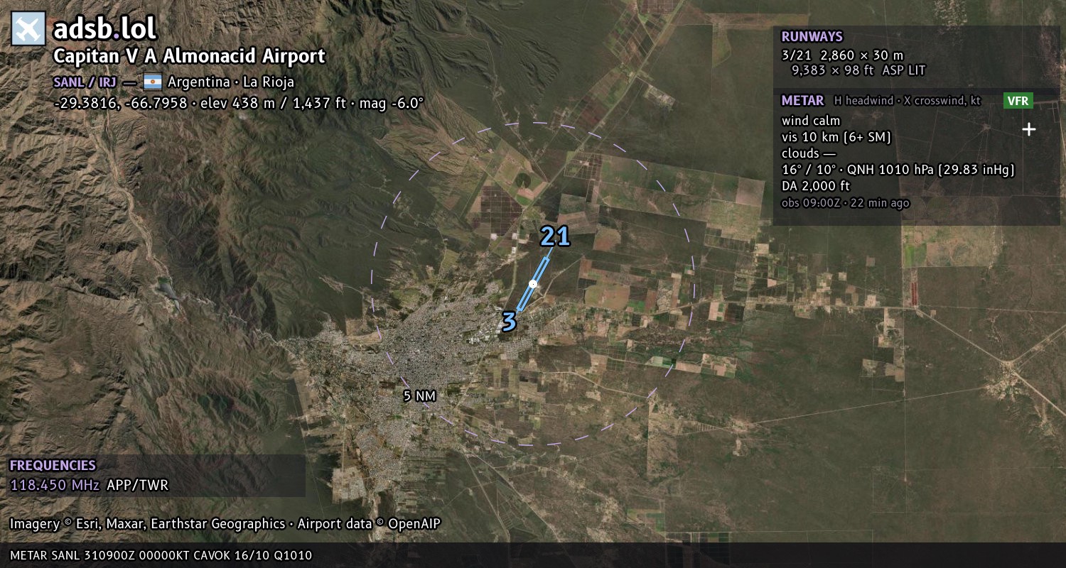 Satellite map with the runway layout of Capitan V A Almonacid Airport (SANL)