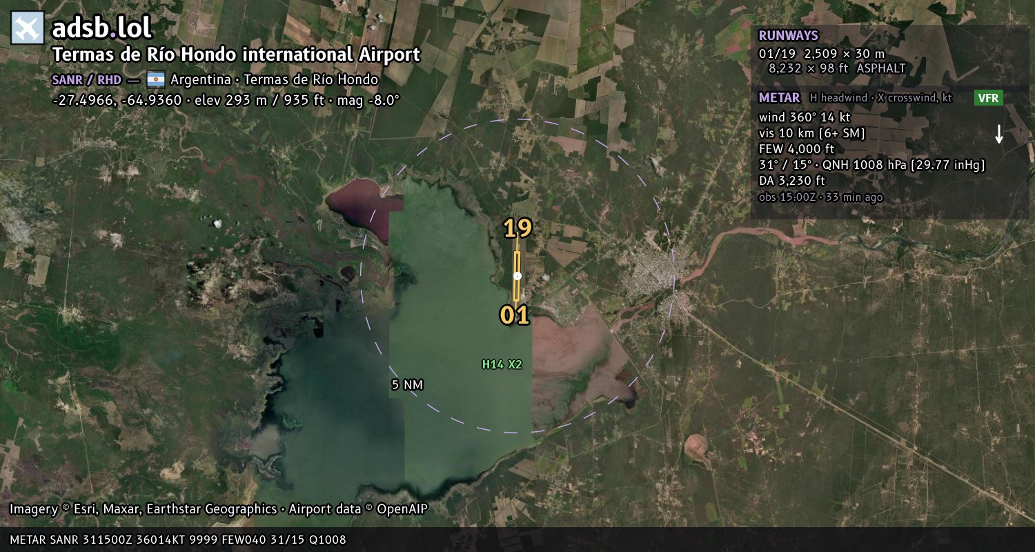 Satellite map with the runway layout of Termas de Río Hondo international Airport (SANR)