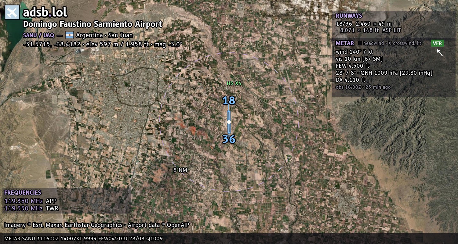 Satellite map with the runway layout of Domingo Faustino Sarmiento Airport (SANU)