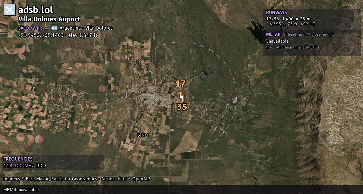 Satellite map with the runway layout of Villa Dolores Airport (SAOD)