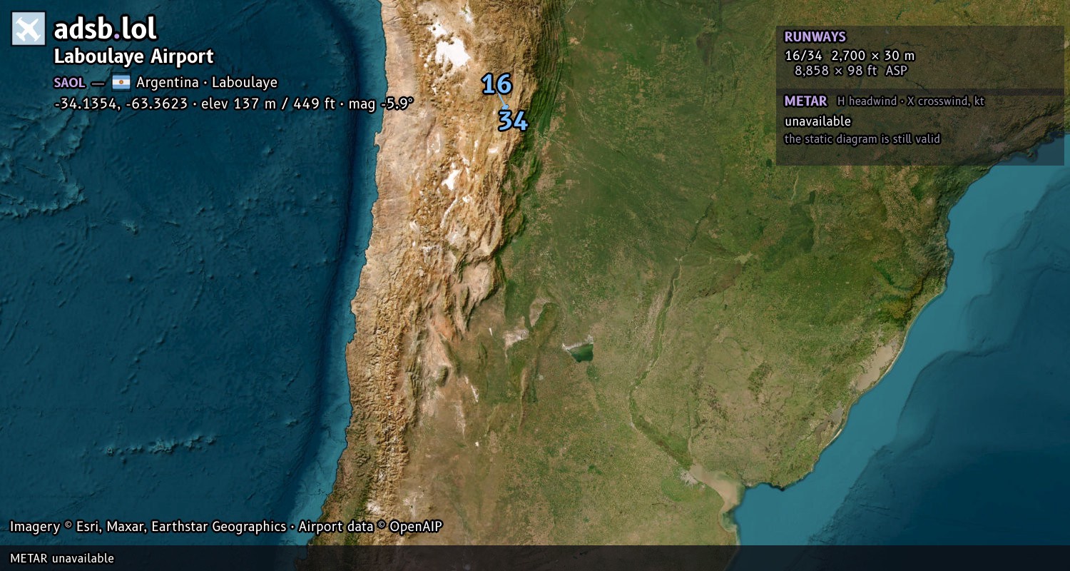 Satellite map with the runway layout of Laboulaye Airport (SAOL)