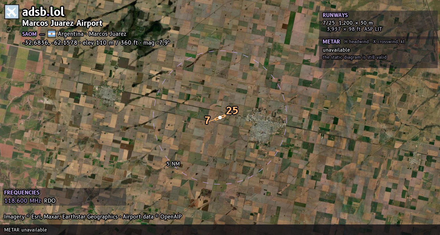 Satellite map with the runway layout of Marcos Juarez Airport (SAOM)
