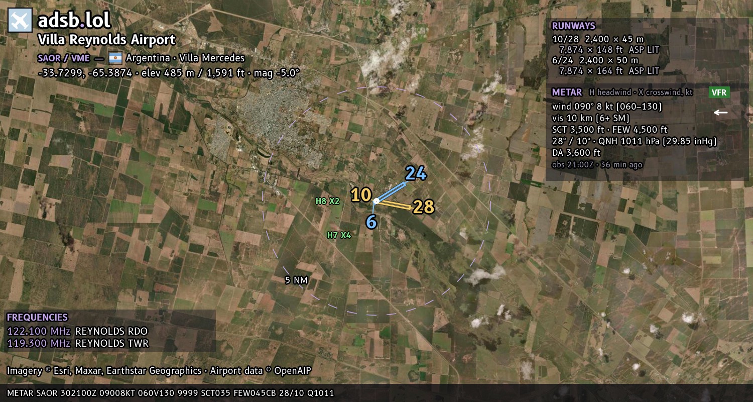 Satellite map with the runway layout of Villa Reynolds Airport (SAOR)