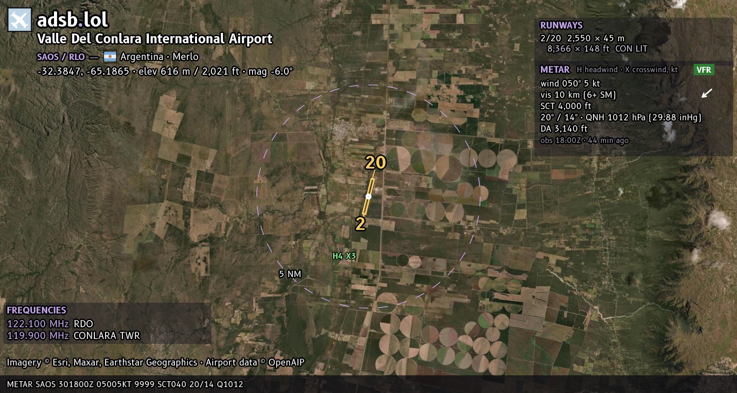 Satellite map with the runway layout of Valle Del Conlara International Airport (SAOS)