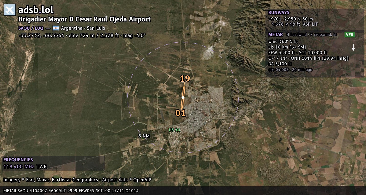 Satellite map with the runway layout of Brigadier Mayor D Cesar Raul Ojeda Airport (SAOU)