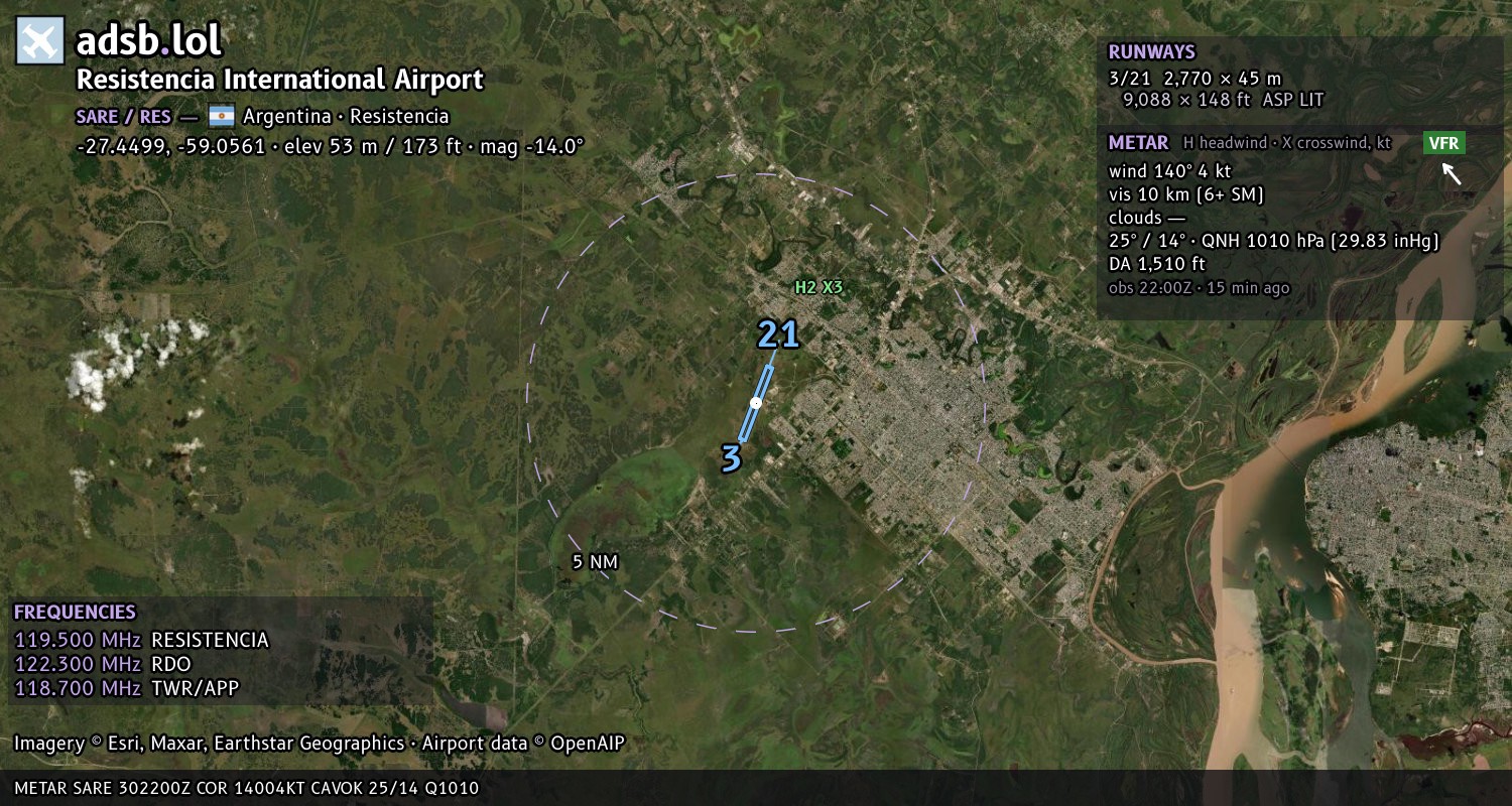 Satellite map with the runway layout of Resistencia International Airport (SARE)