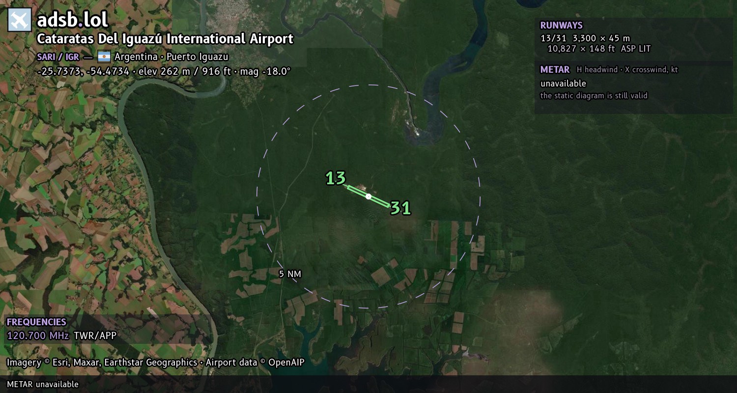 Satellite map with the runway layout of Cataratas Del Iguazú International Airport (SARI)