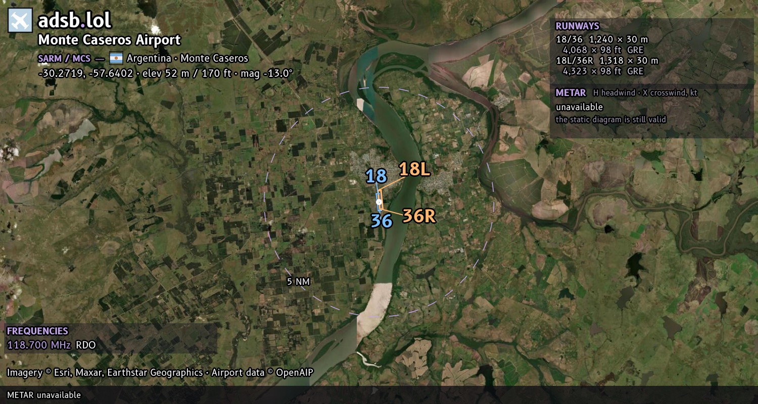 Satellite map with the runway layout of Monte Caseros Airport (SARM)