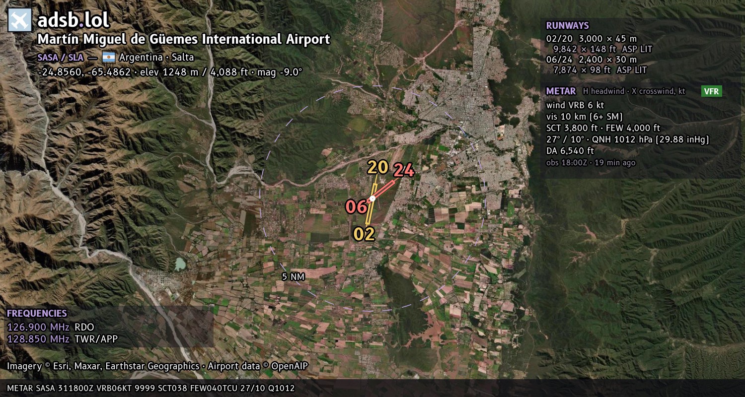 Satellite map with the runway layout of Martín Miguel de Güemes International Airport (SASA)