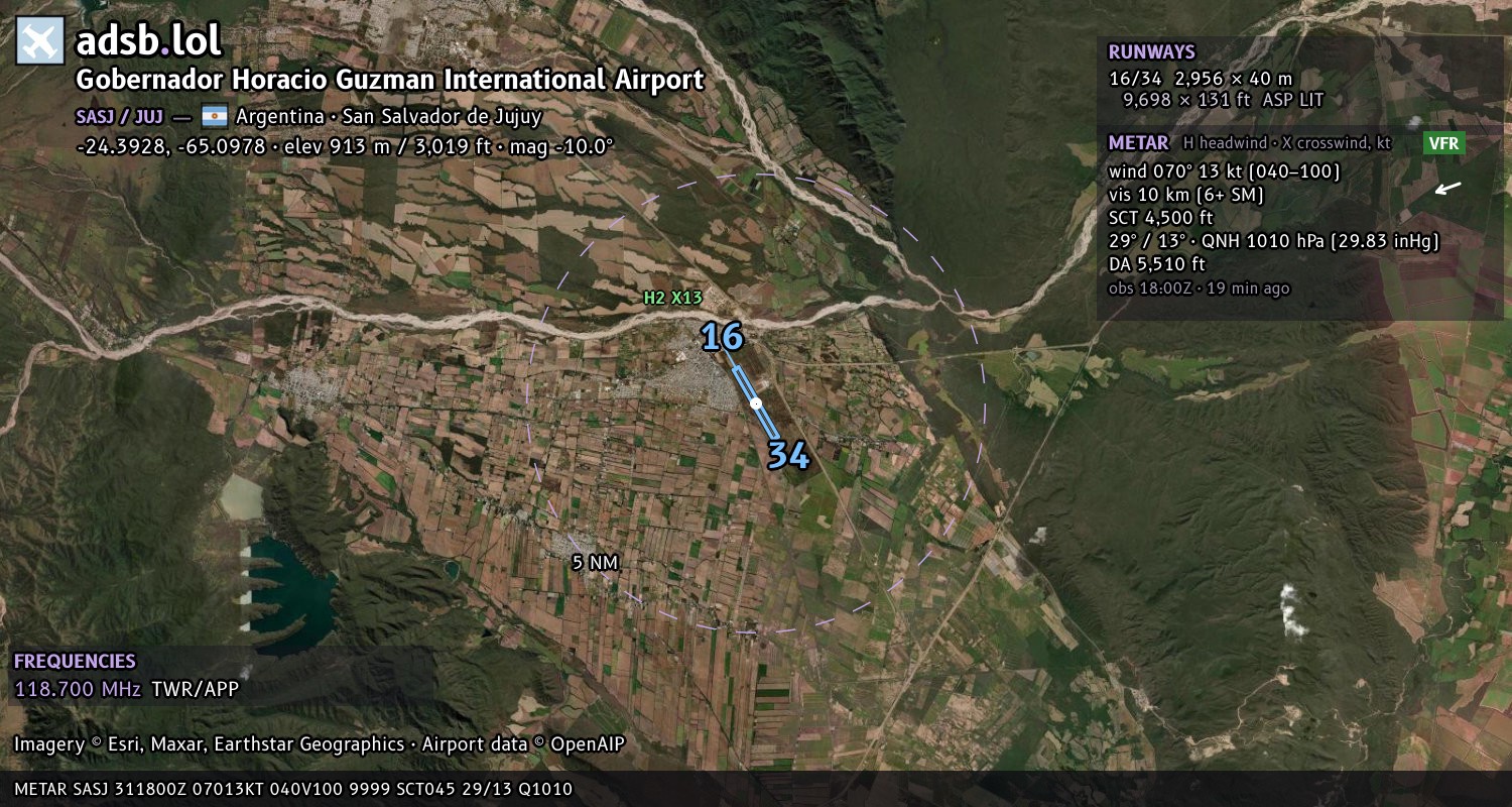 Satellite map with the runway layout of Gobernador Horacio Guzman International Airport (SASJ)