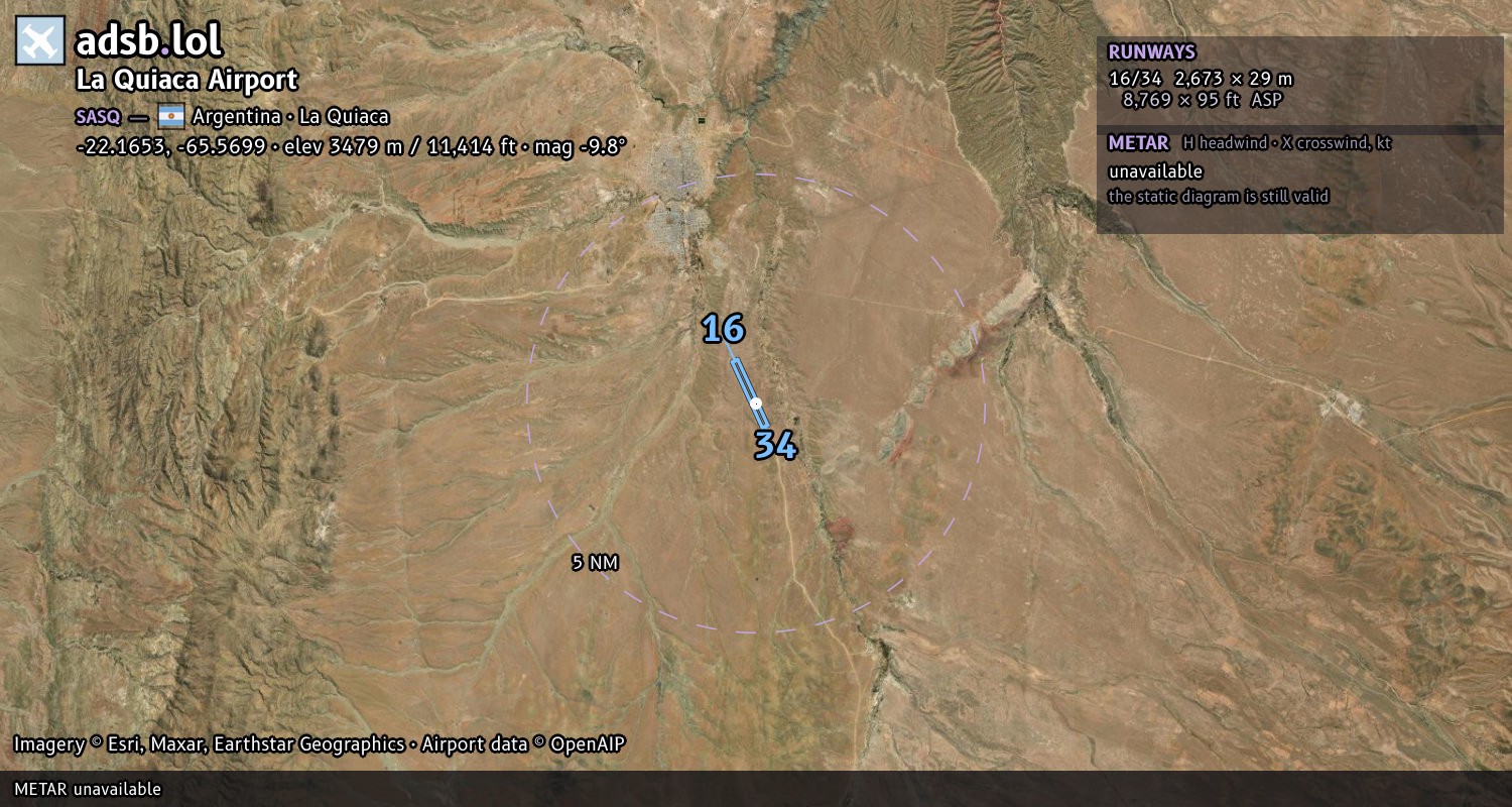 Satellite map with the runway layout of La Quiaca Airport (SASQ)