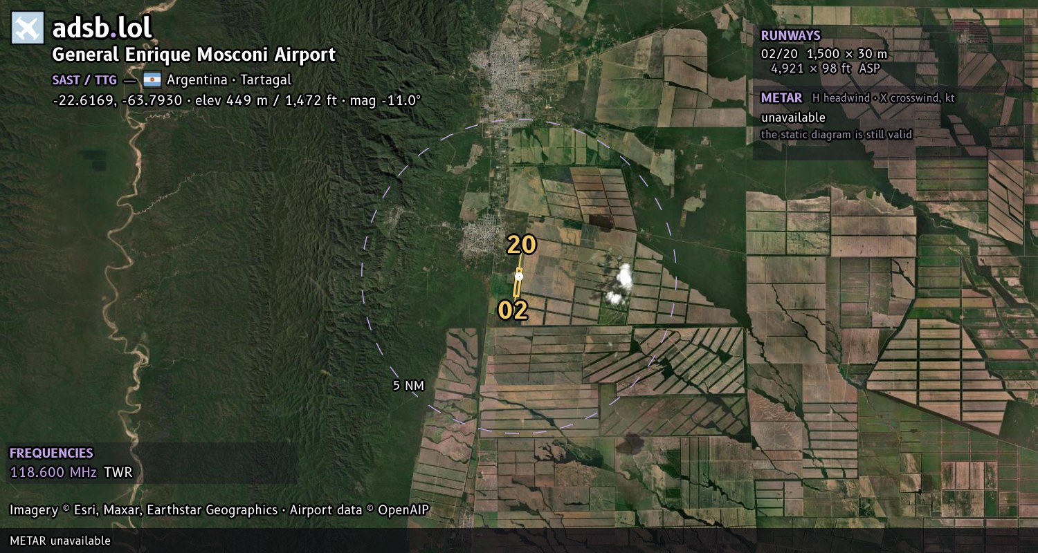 Satellite map with the runway layout of General Enrique Mosconi Airport (SAST)