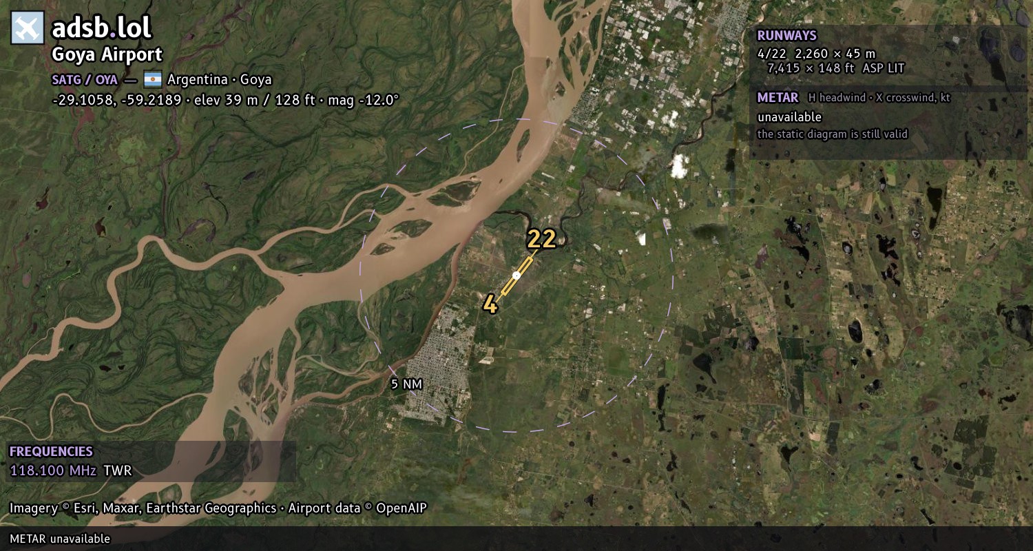 Satellite map with the runway layout of Goya Airport (SATG)