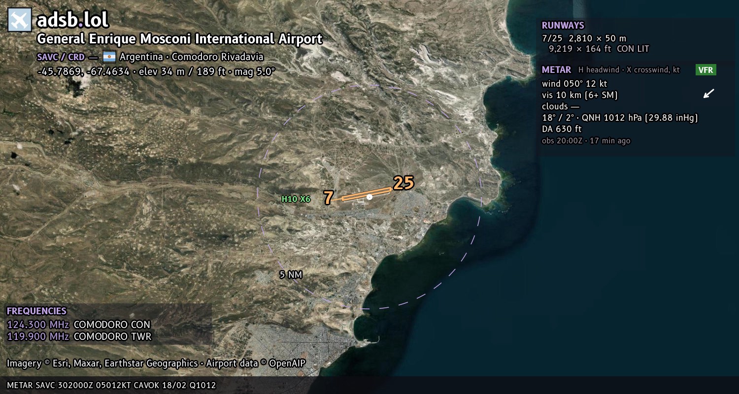 Satellite map with the runway layout of General Enrique Mosconi International Airport (SAVC)