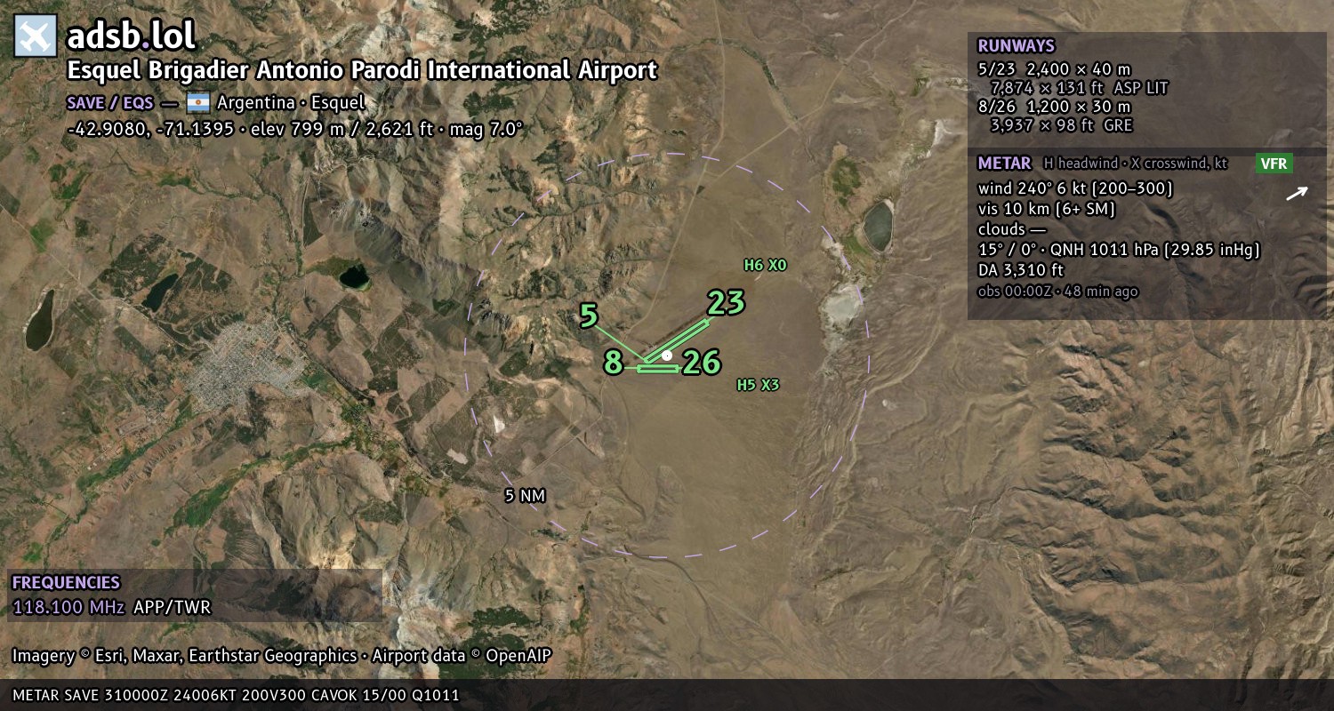 Satellite map with the runway layout of Esquel Brigadier Antonio Parodi International Airport (SAVE)