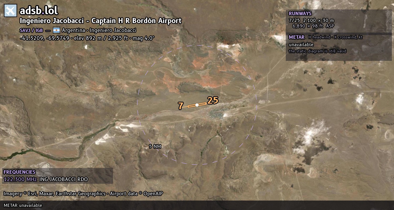 Satellite map with the runway layout of Ingeniero Jacobacci - Captain H R Bordón Airport (SAVJ)