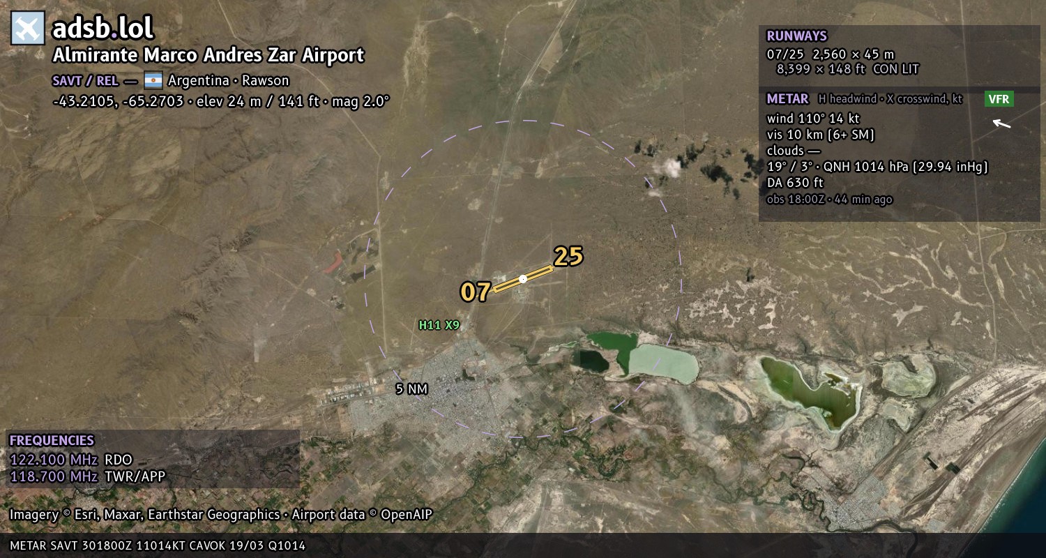 Satellite map with the runway layout of Almirante Marco Andres Zar Airport (SAVT)