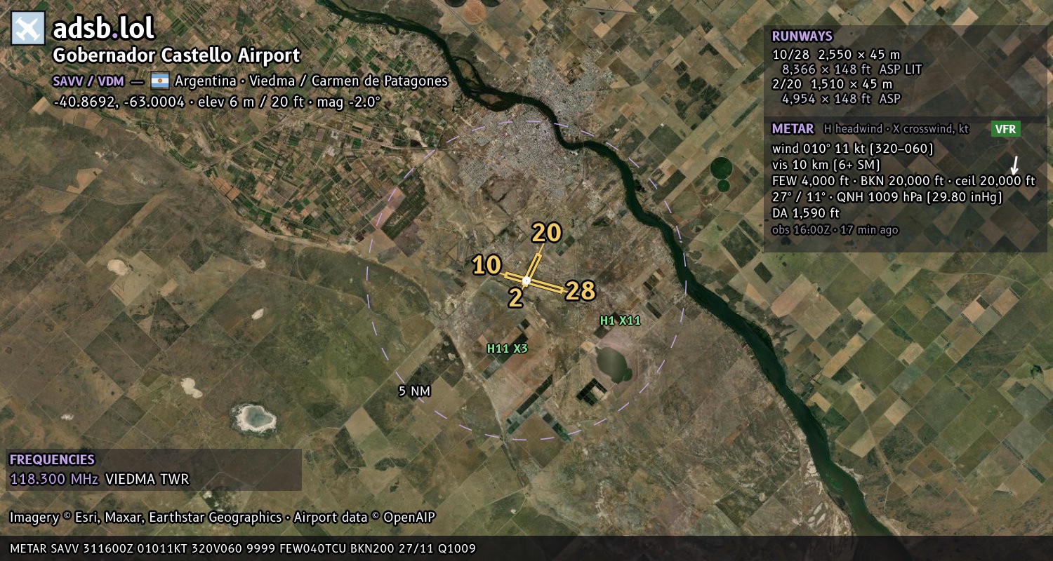 Satellite map with the runway layout of Gobernador Castello Airport (SAVV)