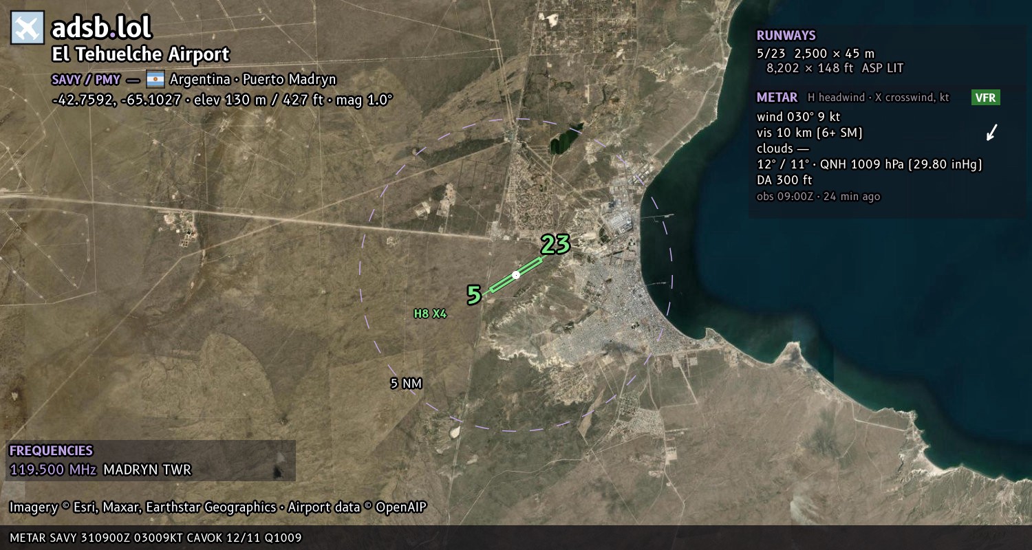 Satellite map with the runway layout of El Tehuelche Airport (SAVY)
