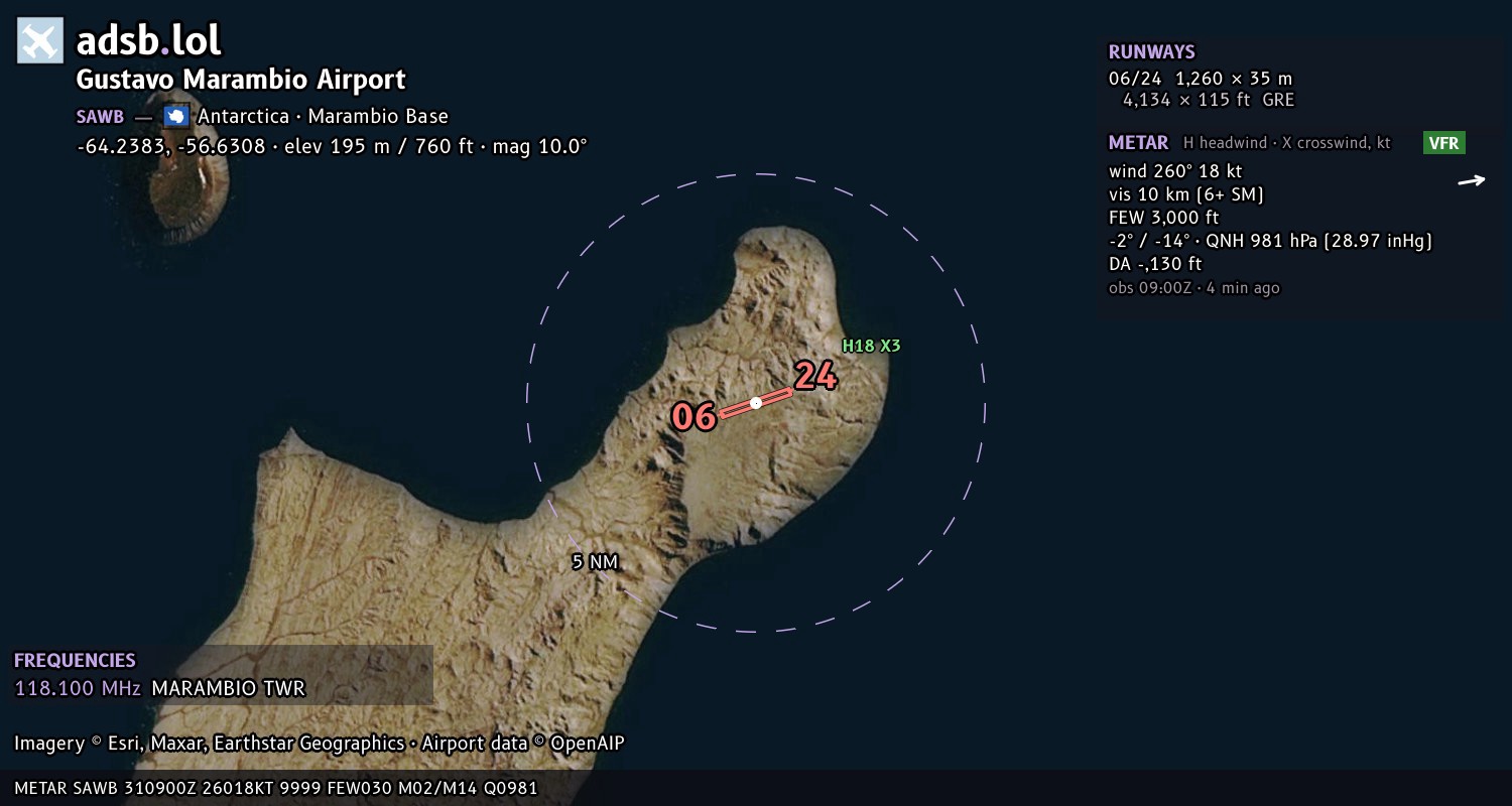 Satellite map with the runway layout of Gustavo Marambio Airport (SAWB)